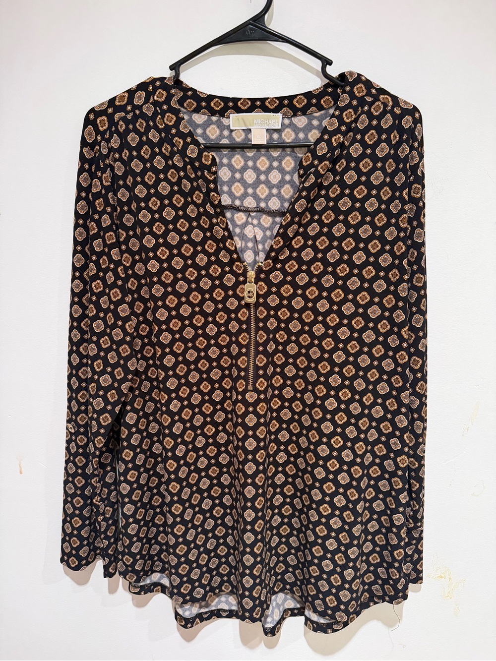 Michael Kors Black and Tan Printed Zip-Front Blouse